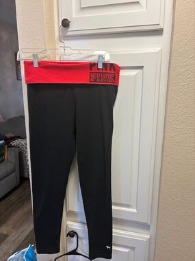 PINK Yoga Victoria's Secret Black Leggings with Red Fold-Over Waistband